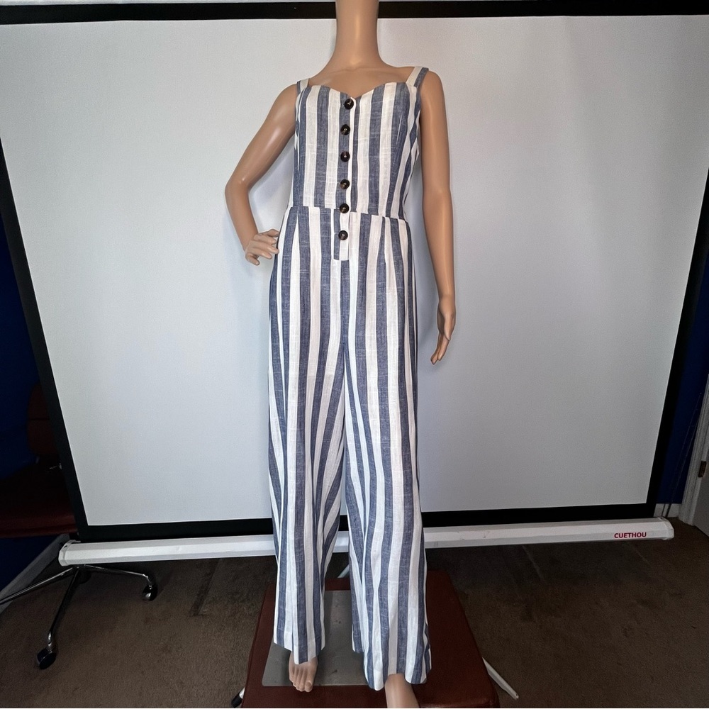 J.O.A. Revolve Blue and White Stripe Linen Jumpsuit Sz Medium